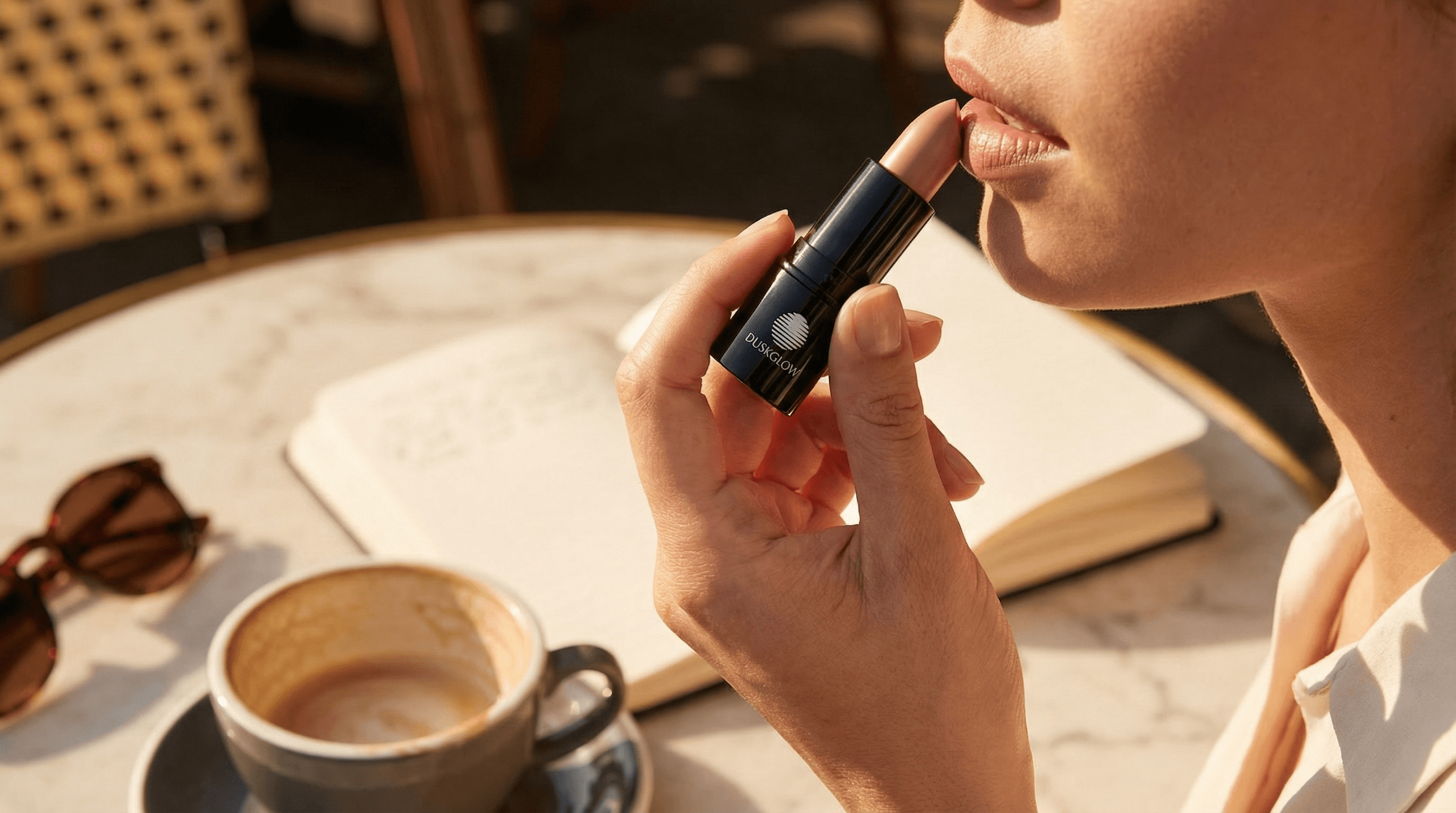 Woman applying DuskGlow lipstick at golden hour
