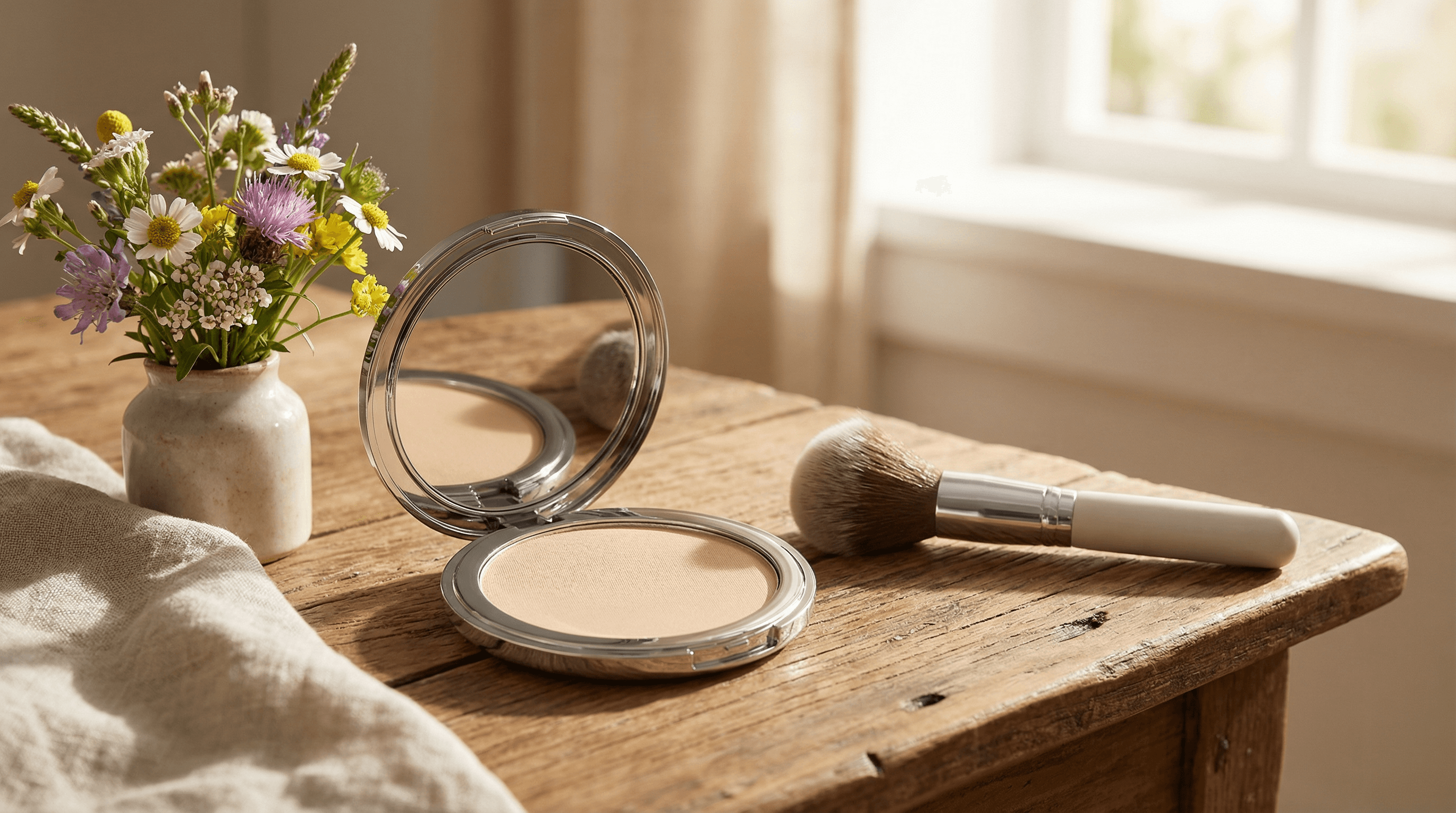 DuskGlow powder compact with makeup brush and wildflowers